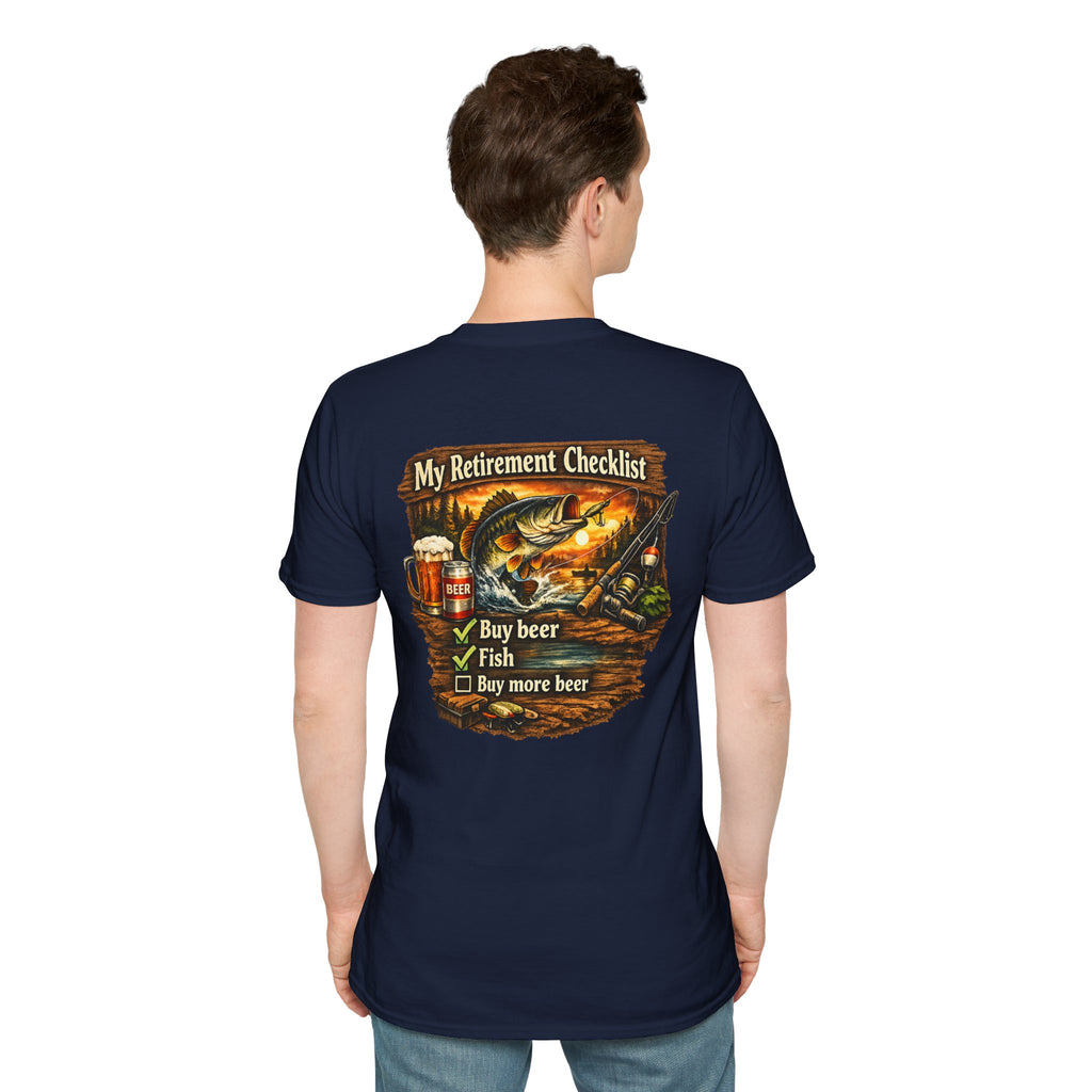 Retirement Checklist T-Shirt — "My Retirement Checklist: Buy beer, Fish, Buy more beer" Fishing & Beer Graphic Tee