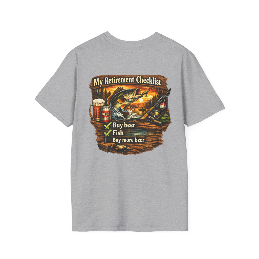 Retirement Checklist T-Shirt — "My Retirement Checklist: Buy beer, Fish, Buy more beer" Fishing & Beer Graphic Tee