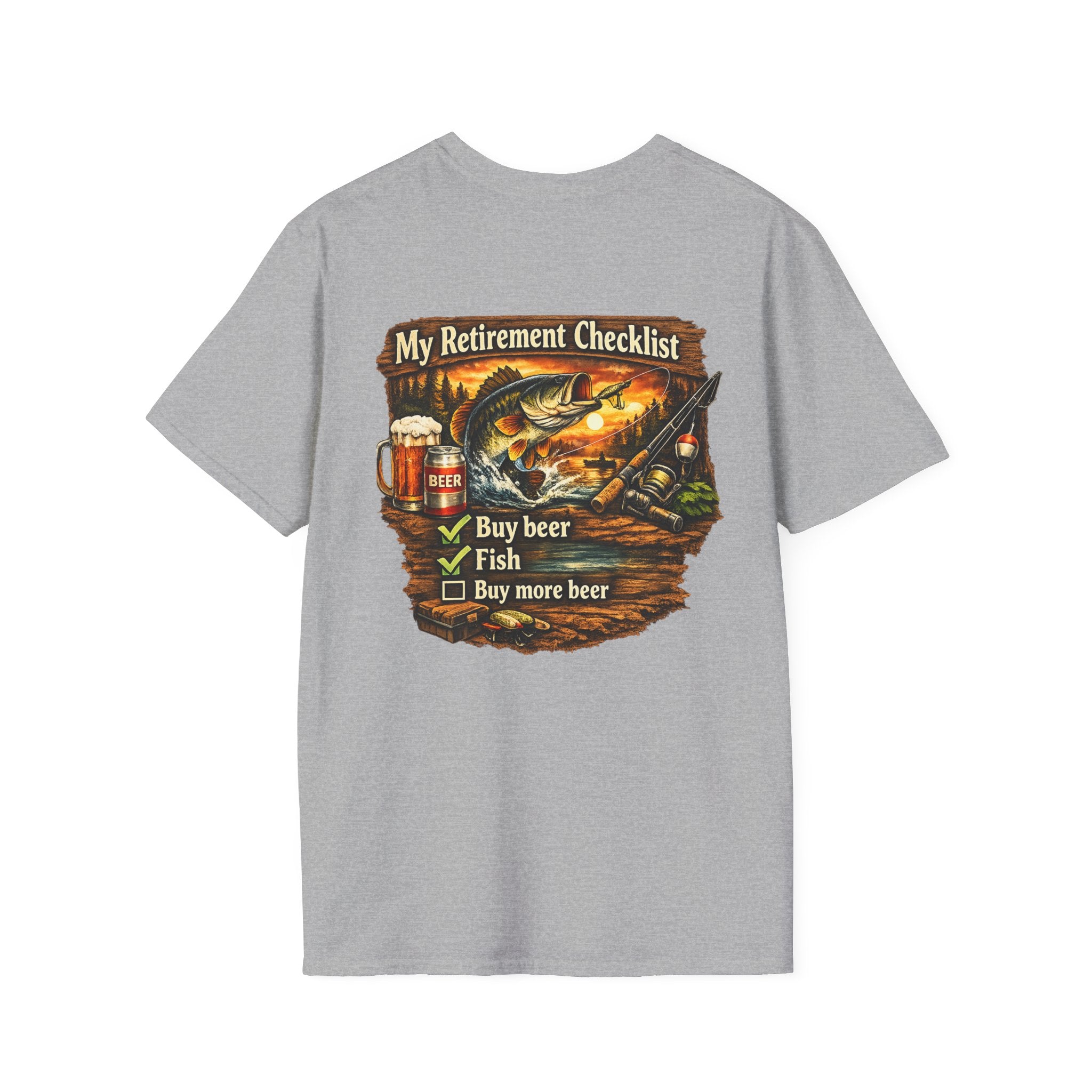 Retirement Checklist T-Shirt — "My Retirement Checklist: Buy beer, Fish, Buy more beer" Fishing & Beer Graphic Tee