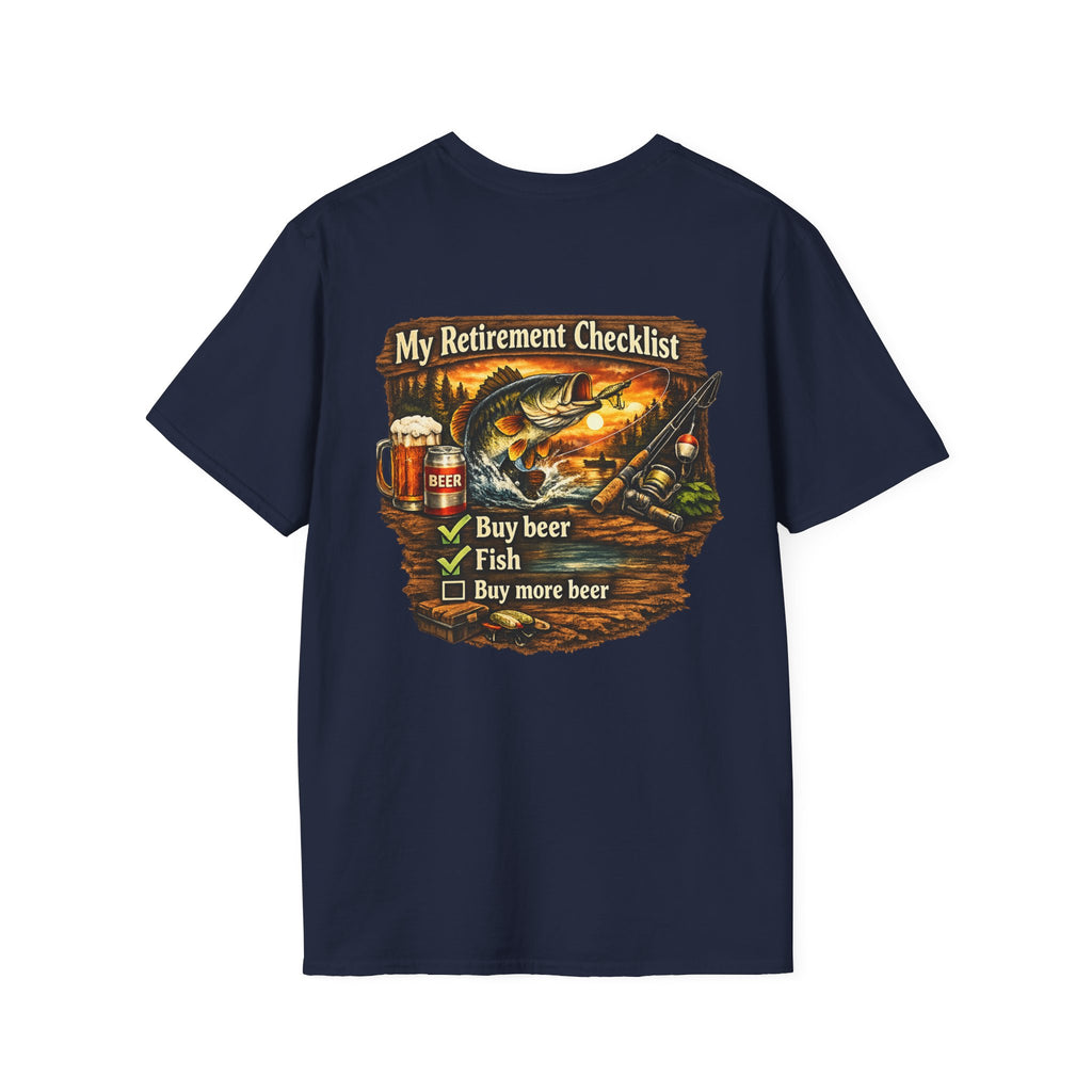 Retirement Checklist T-Shirt — "My Retirement Checklist: Buy beer, Fish, Buy more beer" Fishing & Beer Graphic Tee