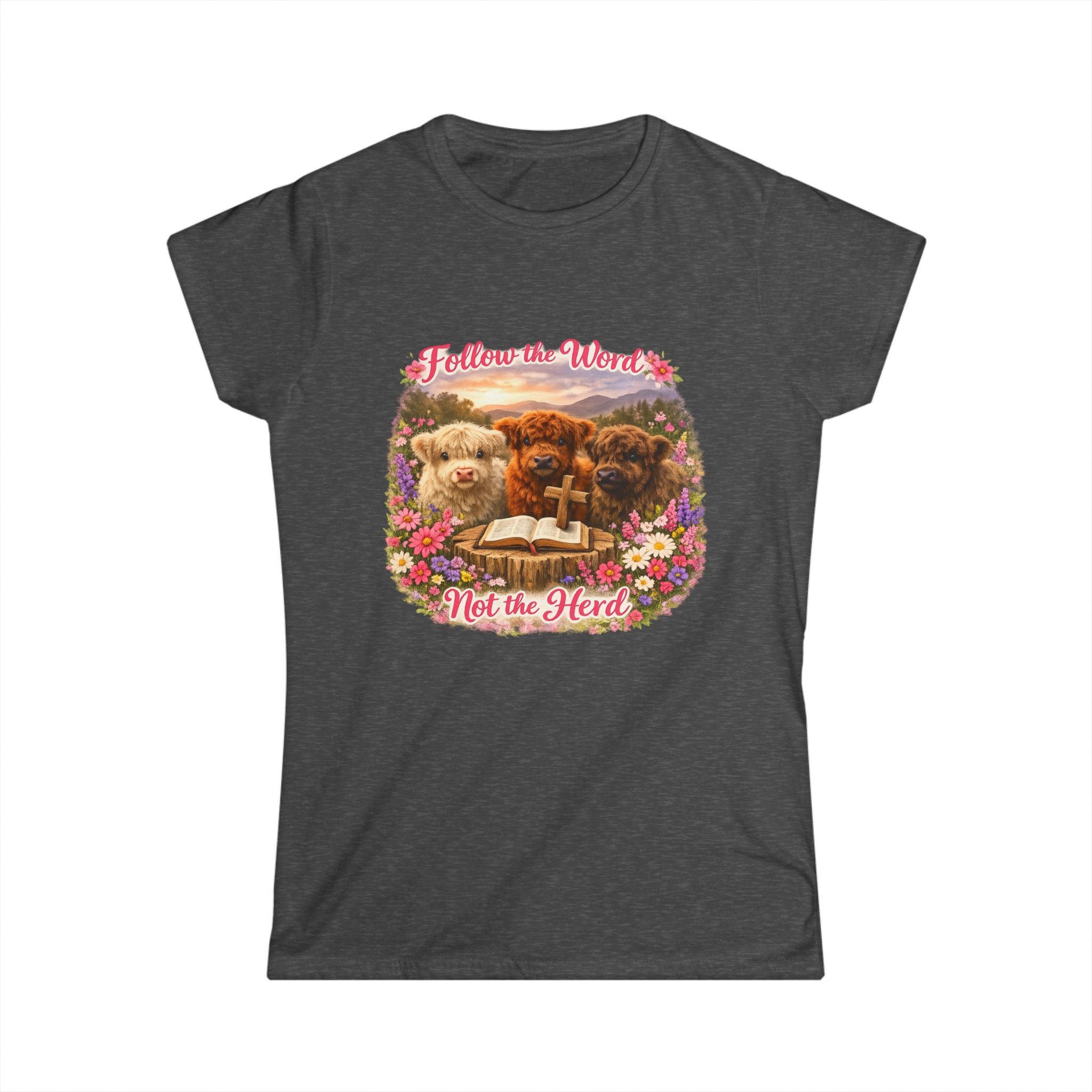 Follow the Word Not the Herd Women's Tee — Cute Highland cows with Floral Bible Verse Shirt