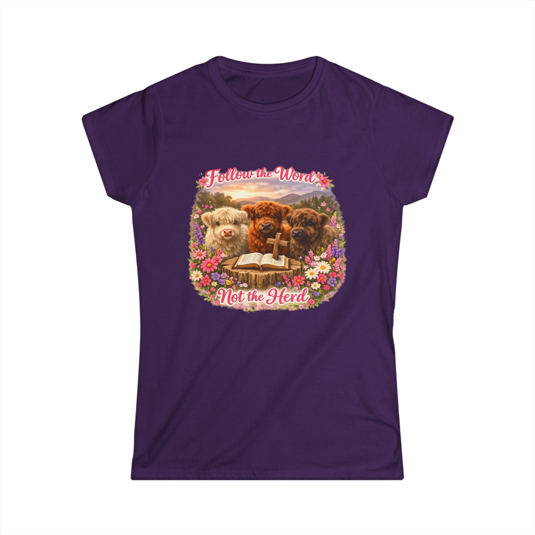 Follow the Word Not the Herd Women's Tee — Cute Highland cows with Floral Bible Verse Shirt