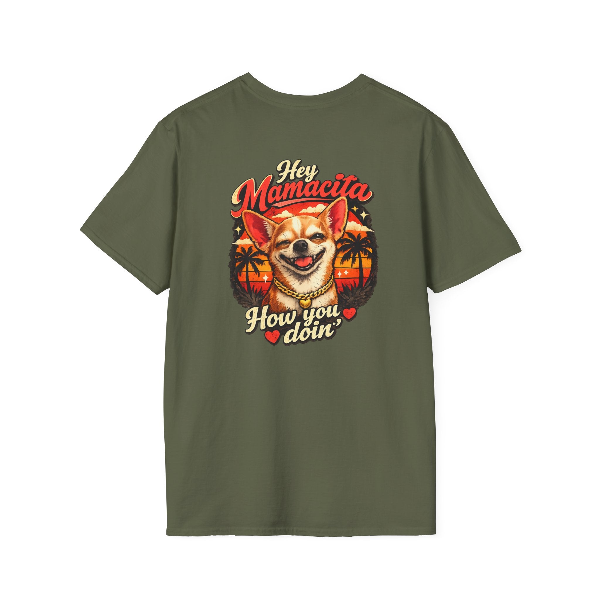 Hey Mamacita How You Doin Chihuahua T-Shirt | Retro Sunset Palm Design