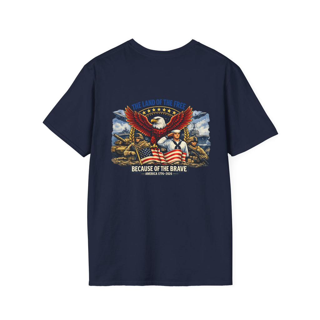 Patriotic T-Shirt — "The Land of the Free Because of the Brave" Eagle & Soldier Design