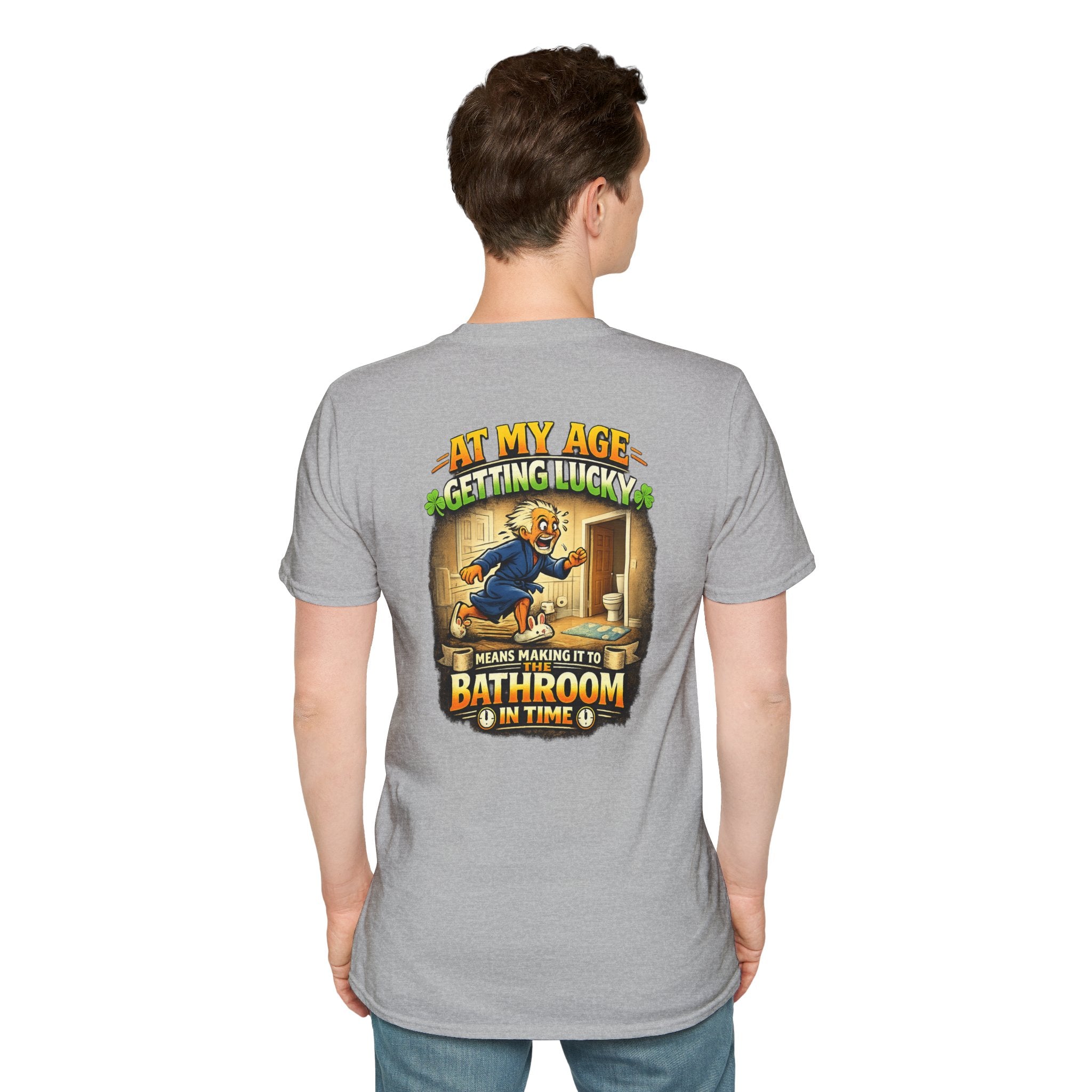 Funny Senior T-Shirt — “At My Age Getting Lucky Means Making It to the Bathroom in Time”