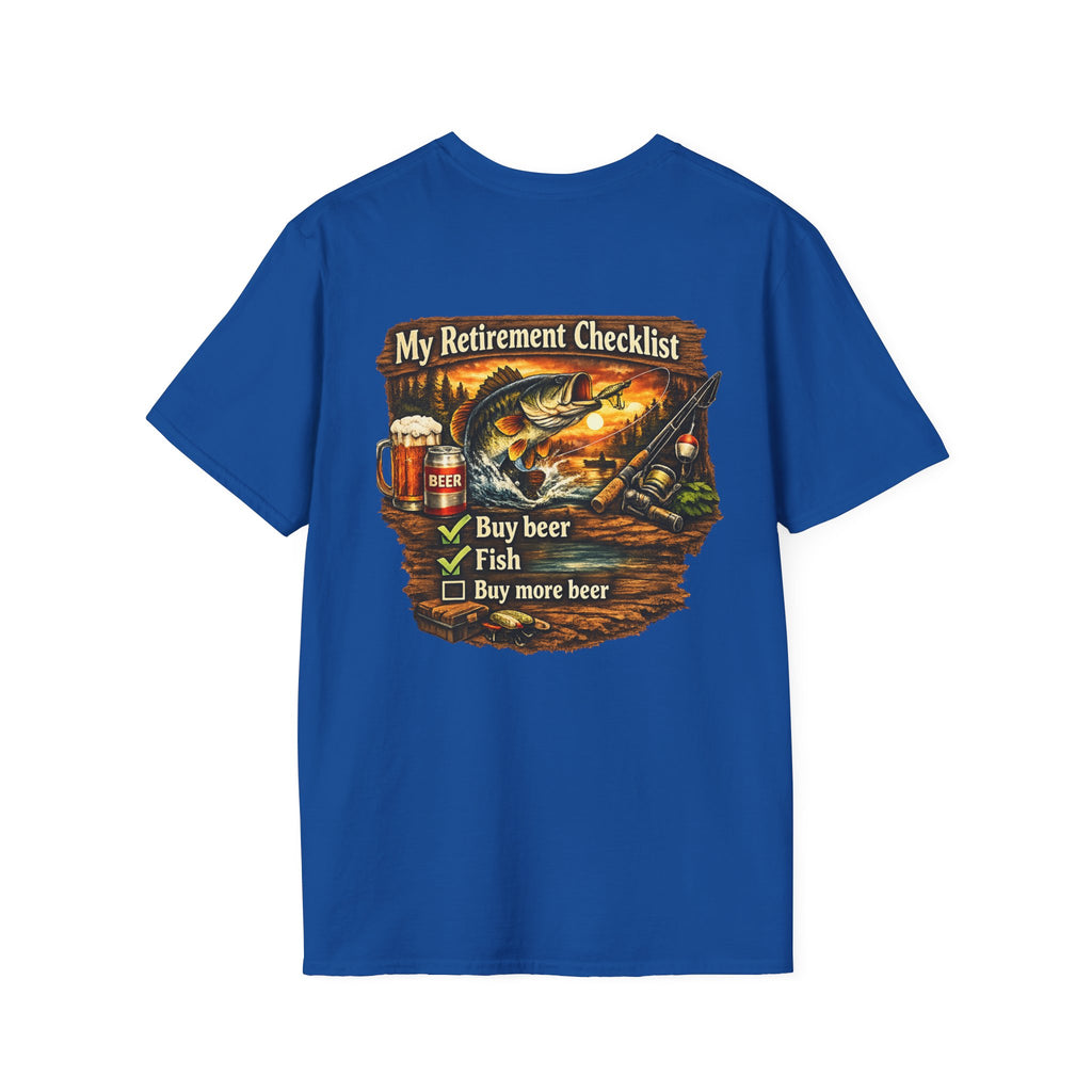 Retirement Checklist T-Shirt — "My Retirement Checklist: Buy beer, Fish, Buy more beer" Fishing & Beer Graphic Tee