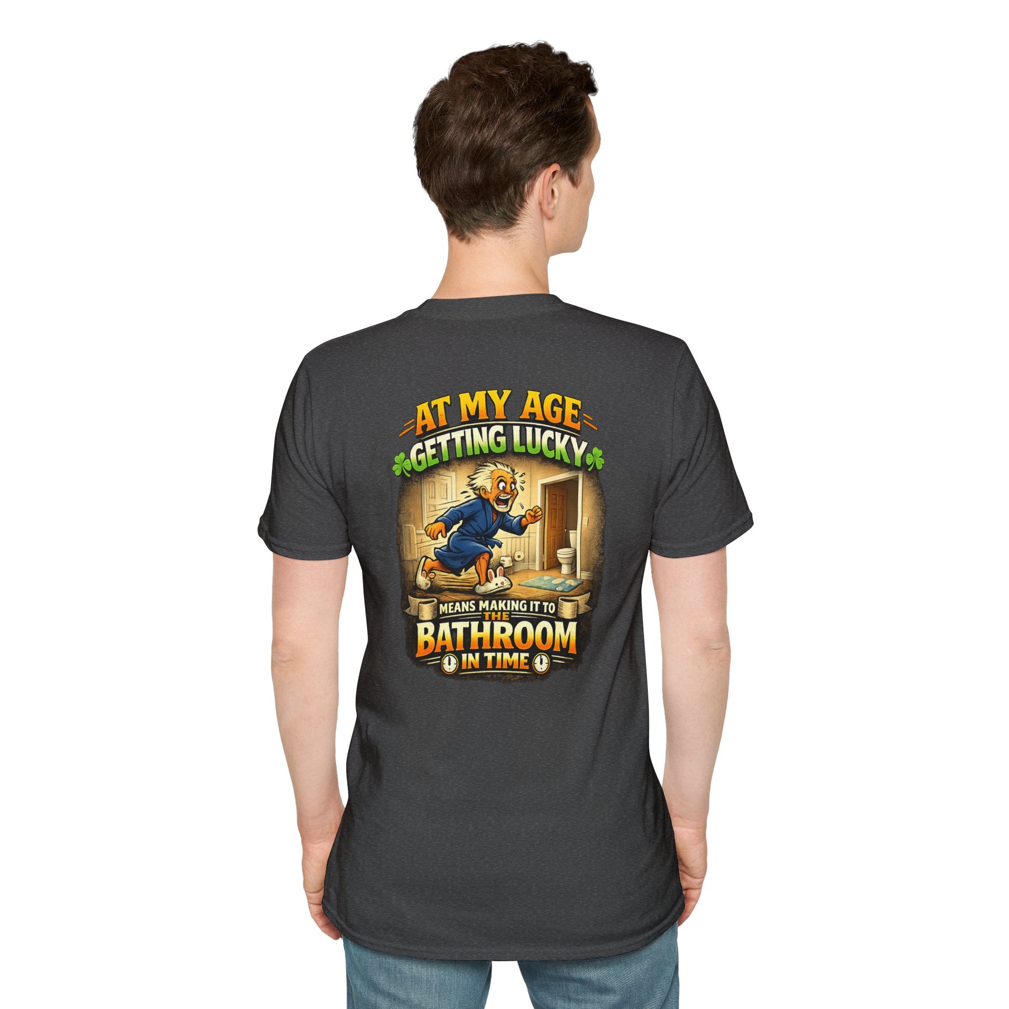 Funny Senior T-Shirt — “At My Age Getting Lucky Means Making It to the Bathroom in Time”