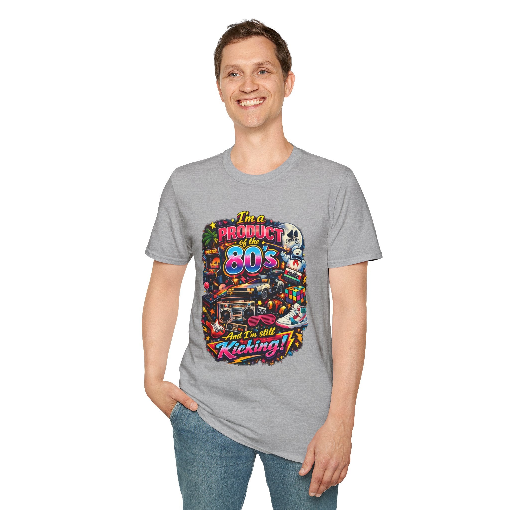 80s Retro Graphic T-Shirt — "I’m a Product of the 80s and I’m Still Kicking"