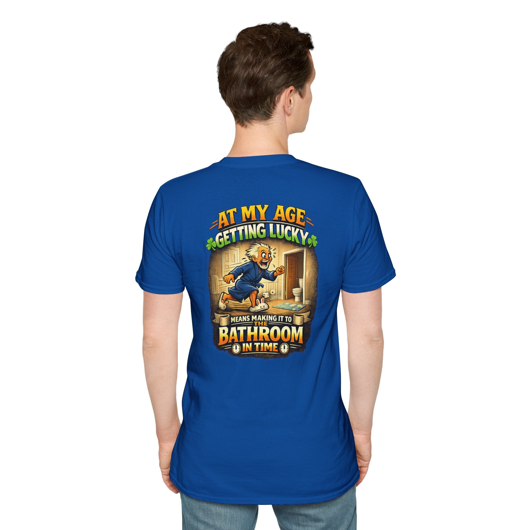 Funny Senior T-Shirt — “At My Age Getting Lucky Means Making It to the Bathroom in Time”