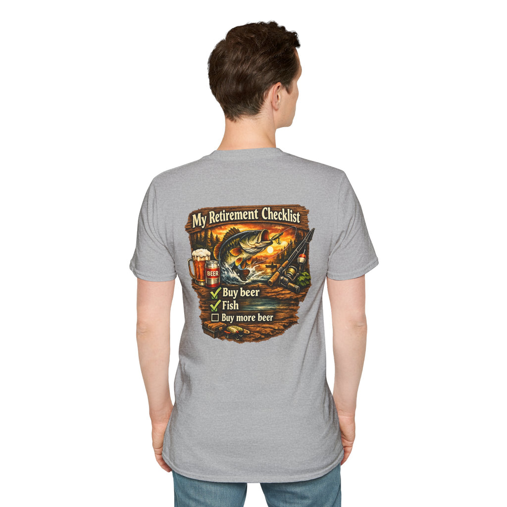 Retirement Checklist T-Shirt — "My Retirement Checklist: Buy beer, Fish, Buy more beer" Fishing & Beer Graphic Tee