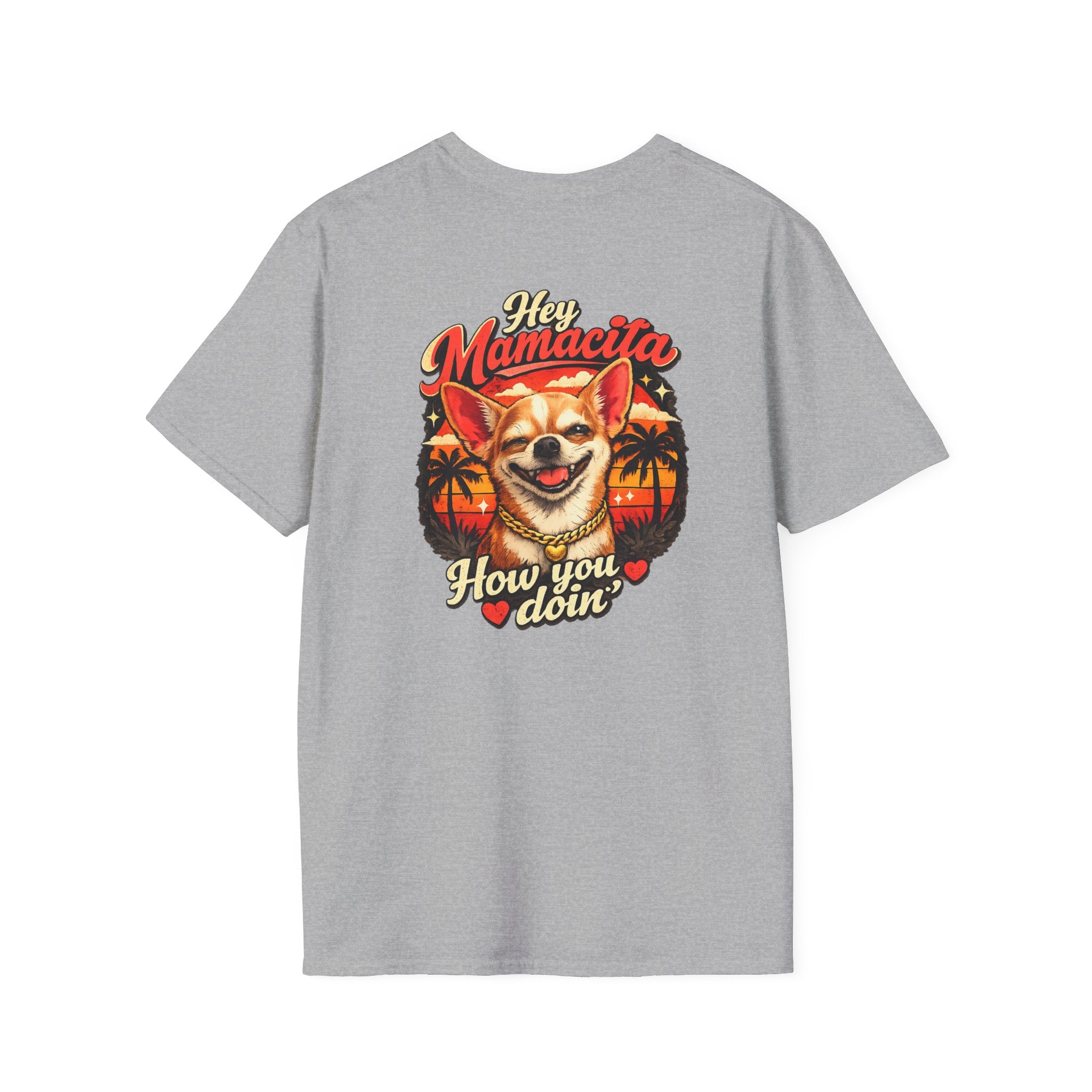 Hey Mamacita How You Doin Chihuahua T-Shirt | Retro Sunset Palm Design