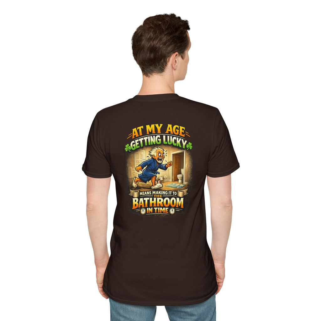 Funny Senior T-Shirt — “At My Age Getting Lucky Means Making It to the Bathroom in Time”