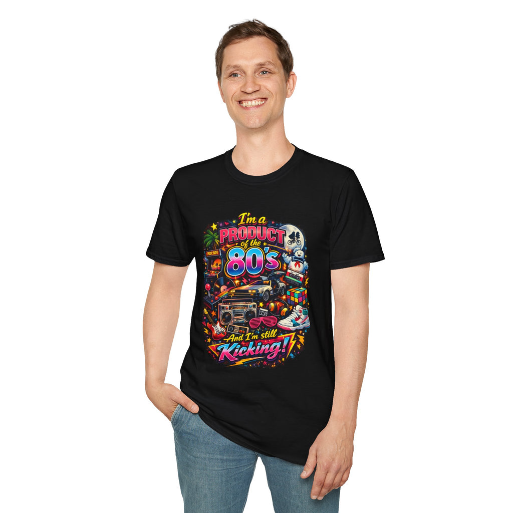 80s Retro Graphic T-Shirt — "I’m a Product of the 80s and I’m Still Kicking"
