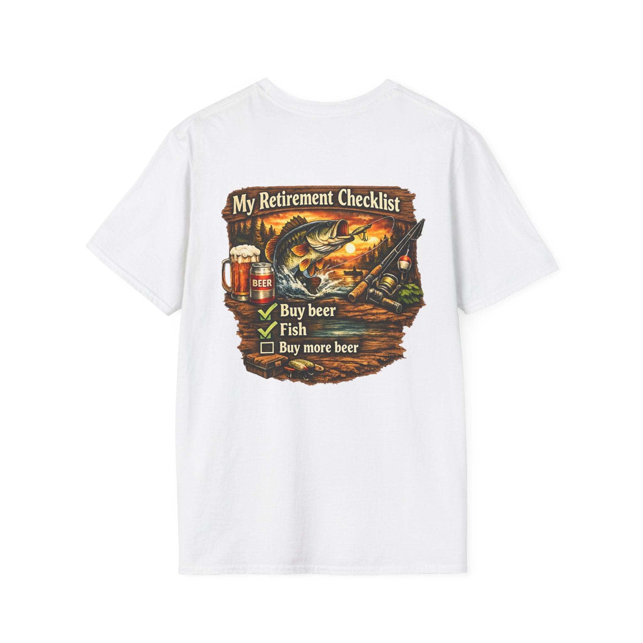 Retirement Checklist T-Shirt — "My Retirement Checklist: Buy beer, Fish, Buy more beer" Fishing & Beer Graphic Tee