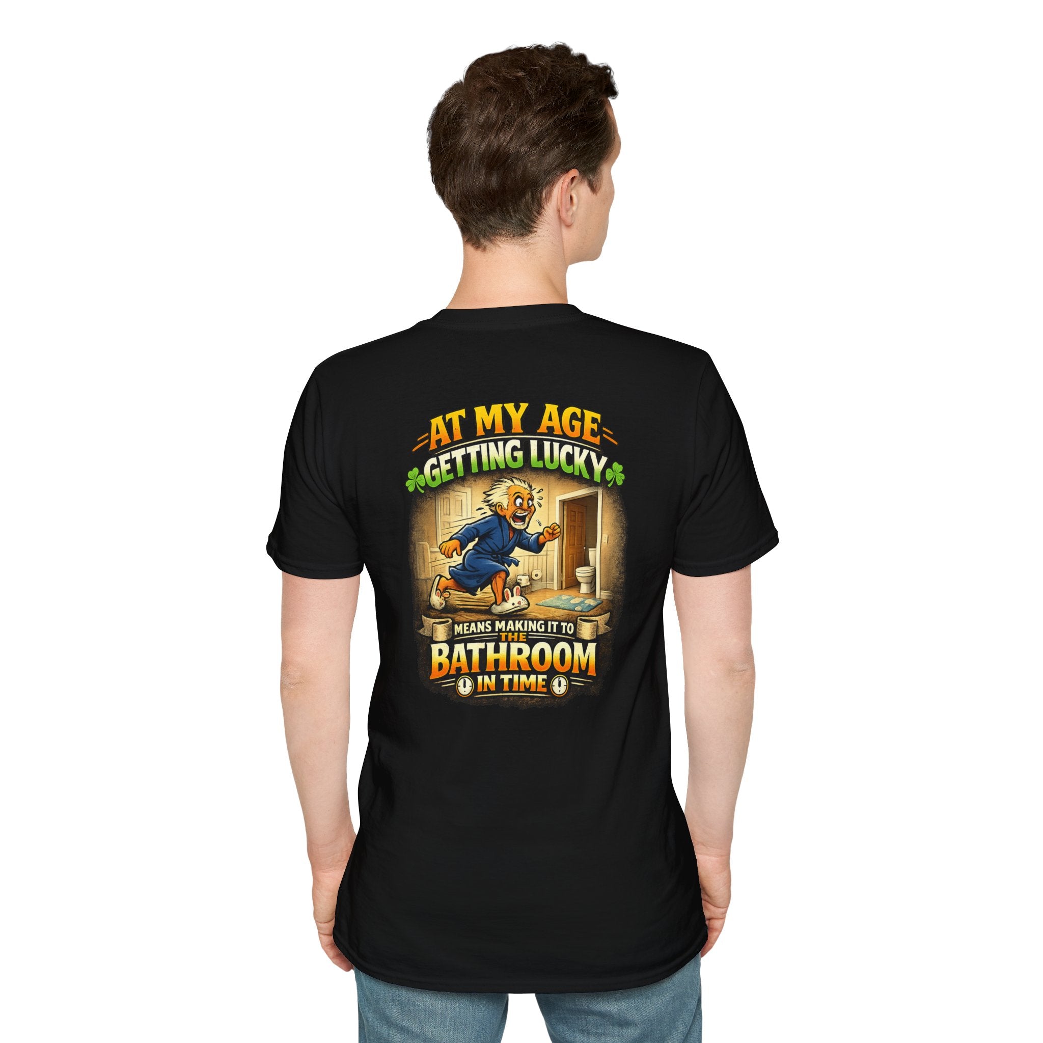 Funny Senior T-Shirt — “At My Age Getting Lucky Means Making It to the Bathroom in Time”