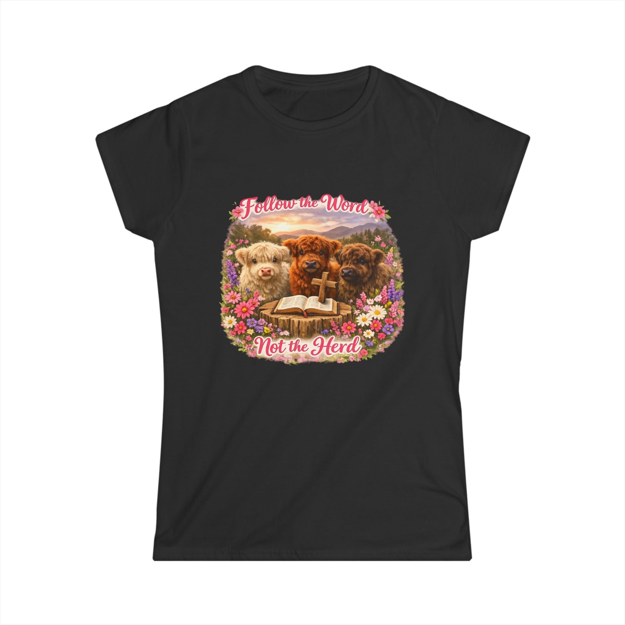 Follow the Word Not the Herd Women's Tee — Cute Highland cows with Floral Bible Verse Shirt