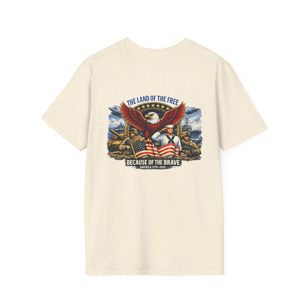 Patriotic T-Shirt — "The Land of the Free Because of the Brave" Eagle & Soldier Design