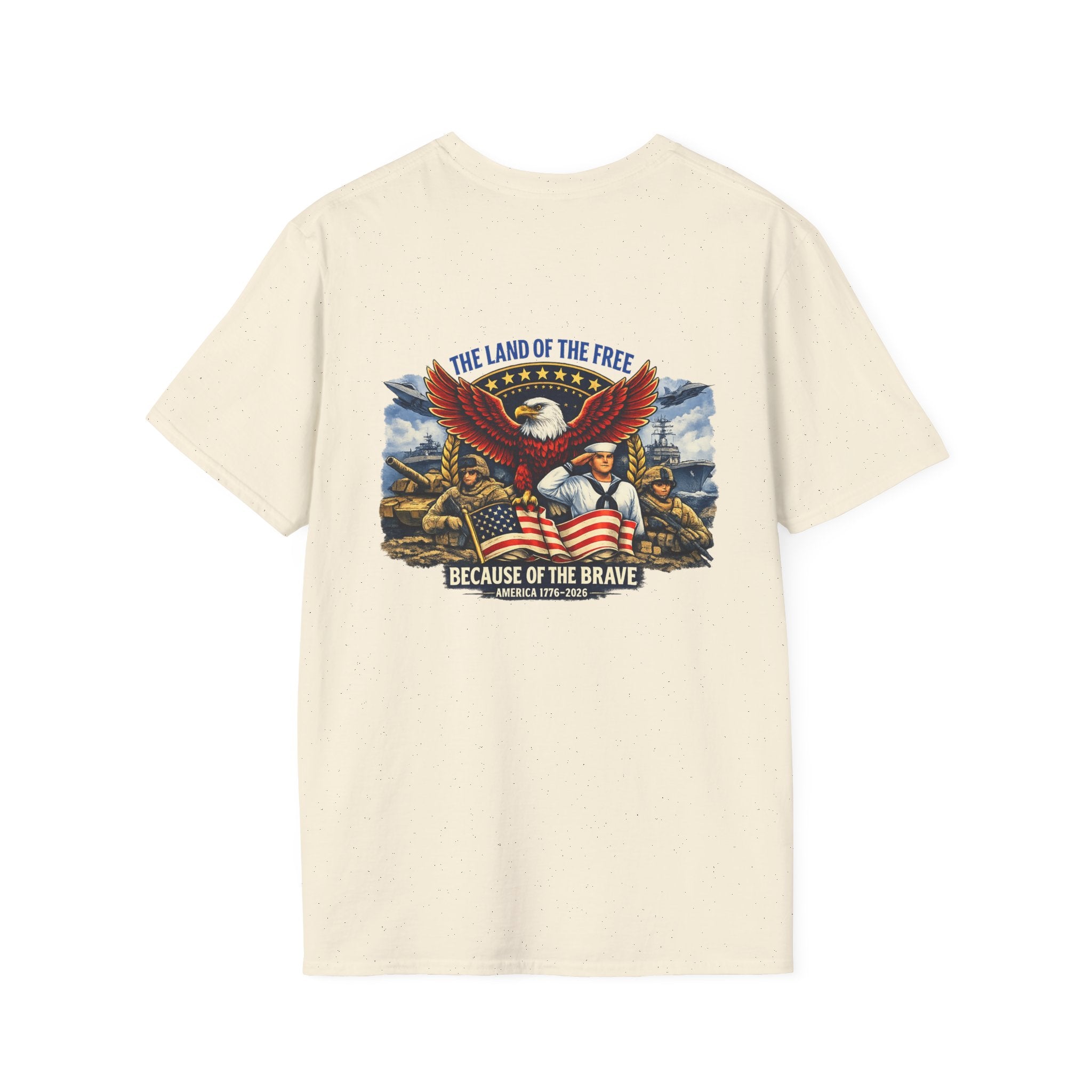 Patriotic T-Shirt — "The Land of the Free Because of the Brave" Eagle & Soldier Design