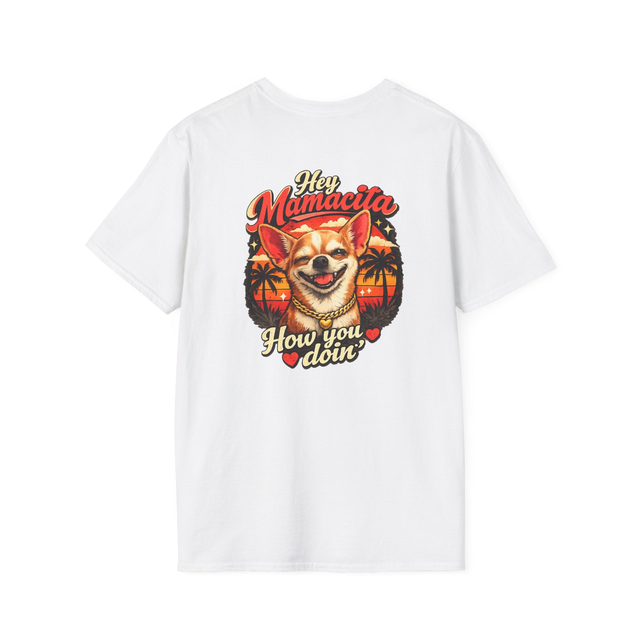 Hey Mamacita How You Doin Chihuahua T-Shirt | Retro Sunset Palm Design