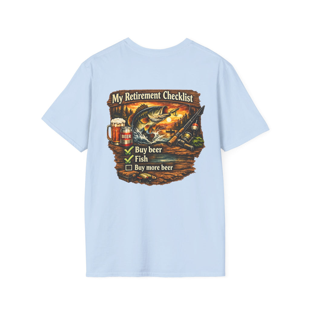 Retirement Checklist T-Shirt — "My Retirement Checklist: Buy beer, Fish, Buy more beer" Fishing & Beer Graphic Tee