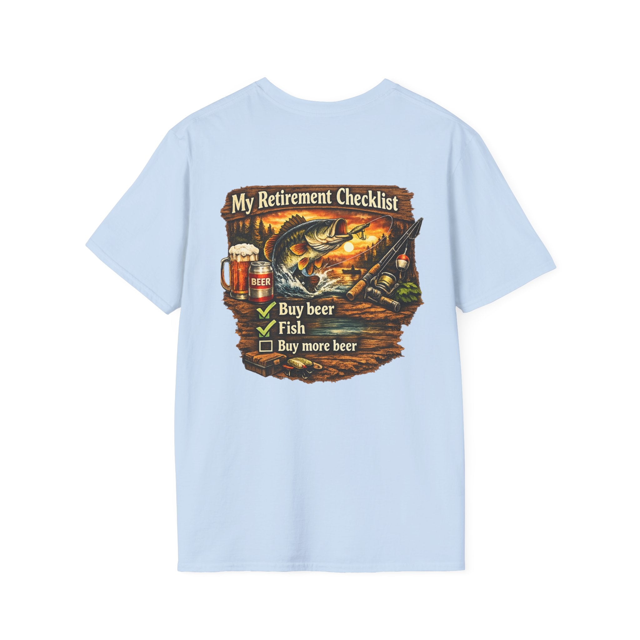 Retirement Checklist T-Shirt — "My Retirement Checklist: Buy beer, Fish, Buy more beer" Fishing & Beer Graphic Tee