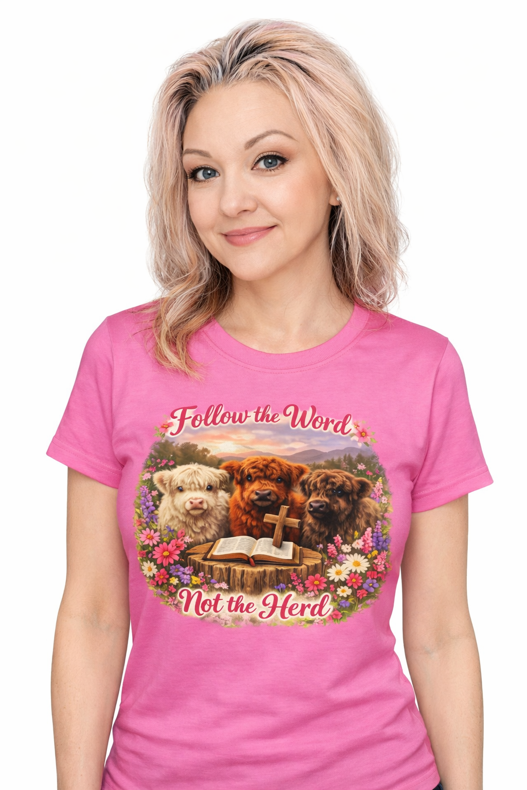 Follow the Word Not the Herd Women's Tee — Cute Highland cows with Floral Bible Verse Shirt