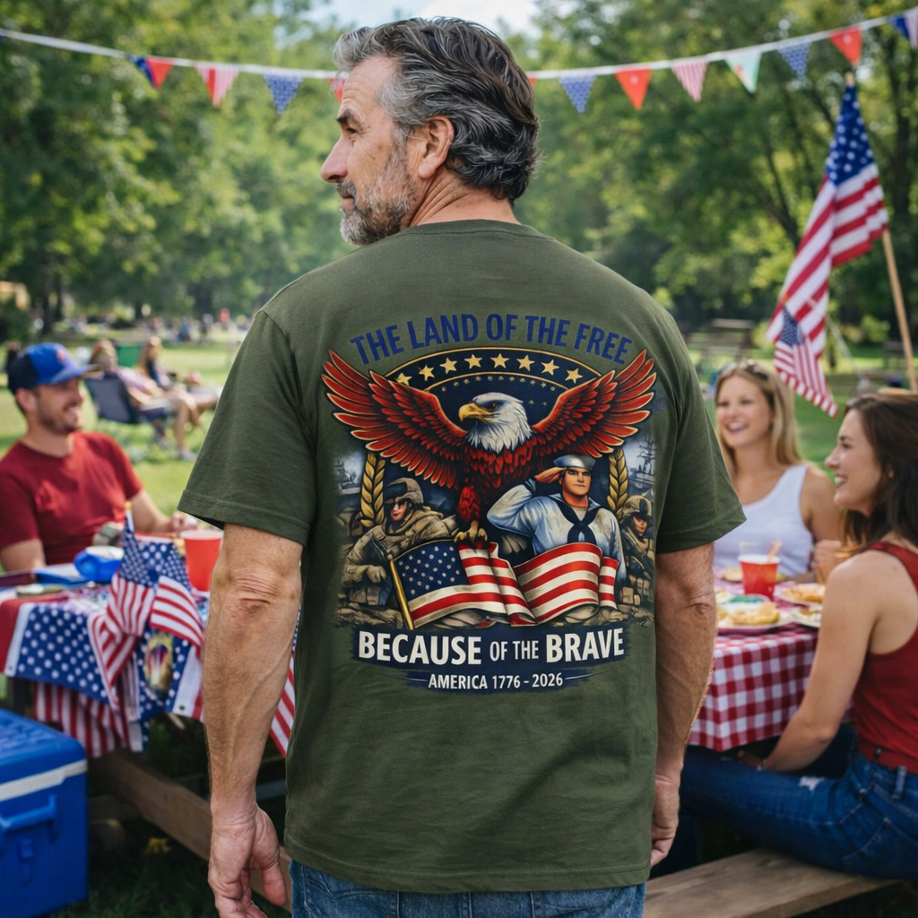 Patriotic T-Shirt — "The Land of the Free Because of the Brave" Eagle & Soldier Design