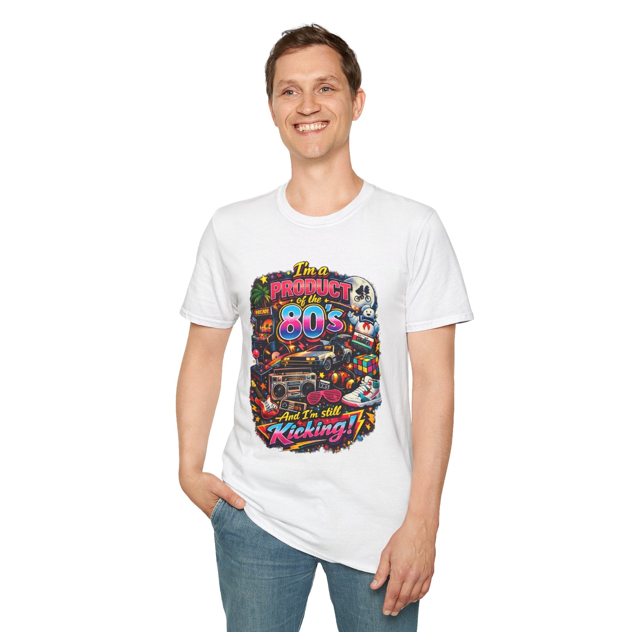 80s Retro Graphic T-Shirt — "I’m a Product of the 80s and I’m Still Kicking"