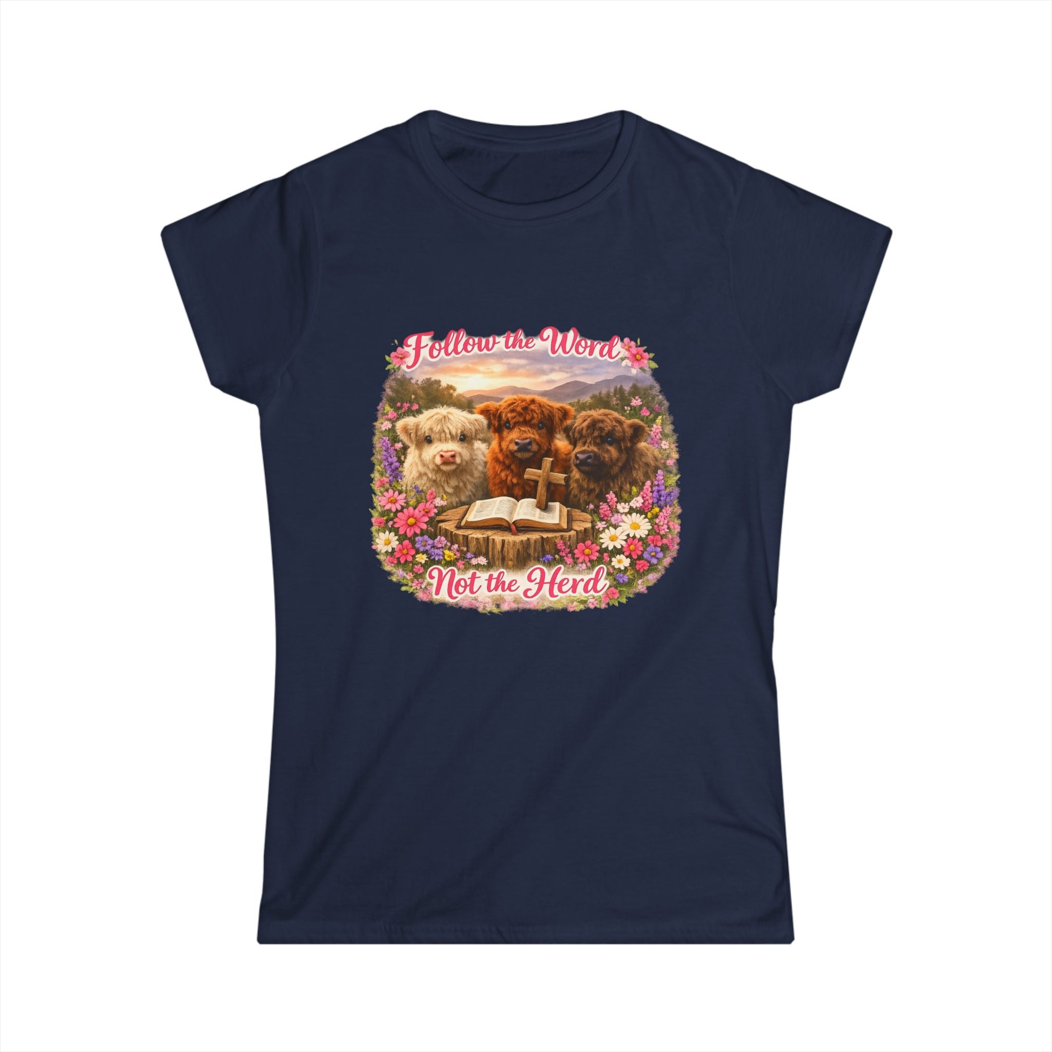 Follow the Word Not the Herd Women's Tee — Cute Highland cows with Floral Bible Verse Shirt