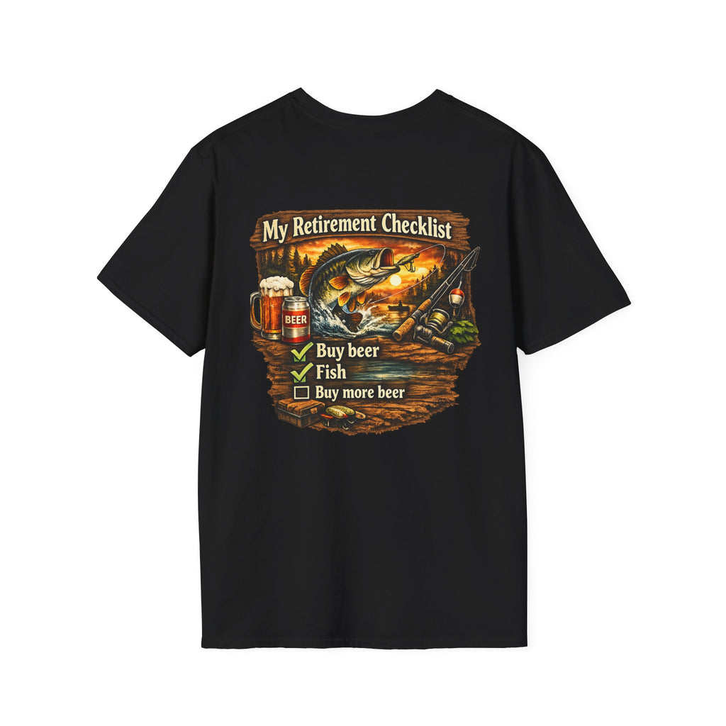 Retirement Checklist T-Shirt — "My Retirement Checklist: Buy beer, Fish, Buy more beer" Fishing & Beer Graphic Tee