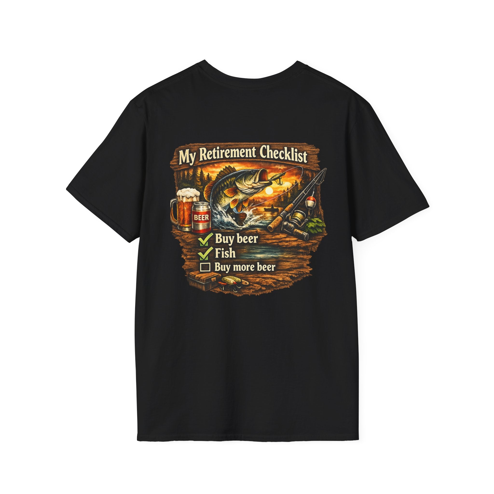 Retirement Checklist T-Shirt — "My Retirement Checklist: Buy beer, Fish, Buy more beer" Fishing & Beer Graphic Tee