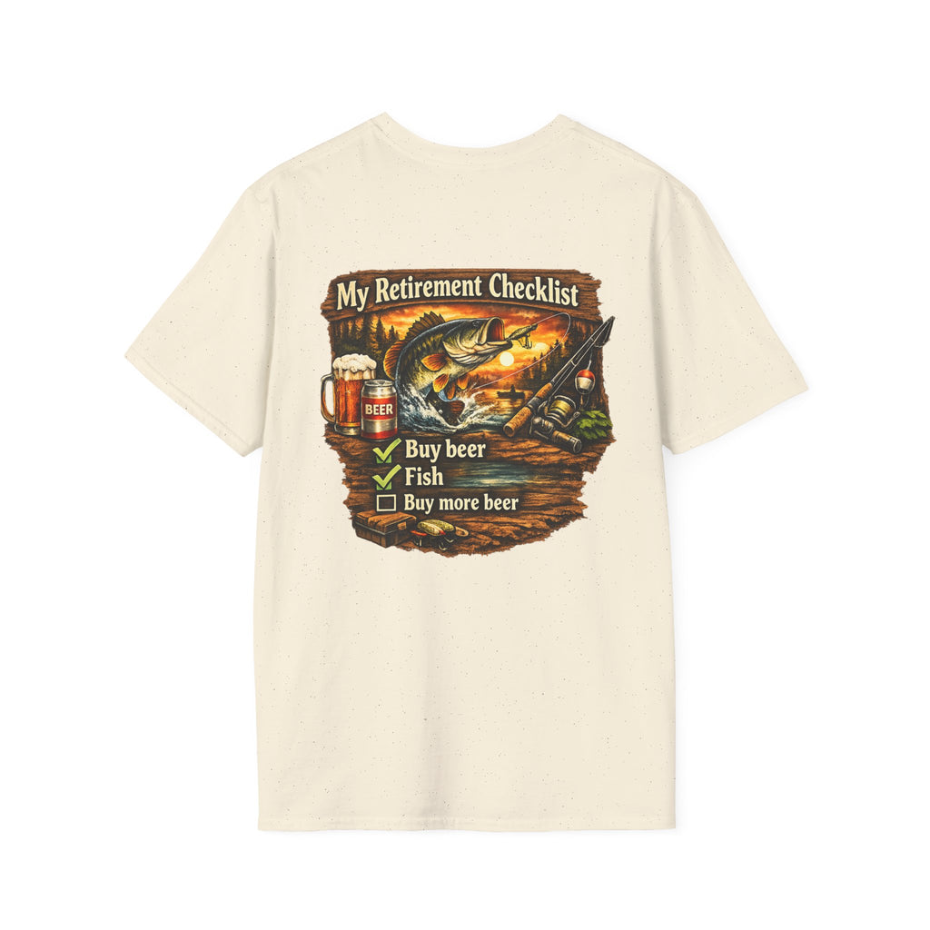 Retirement Checklist T-Shirt — "My Retirement Checklist: Buy beer, Fish, Buy more beer" Fishing & Beer Graphic Tee