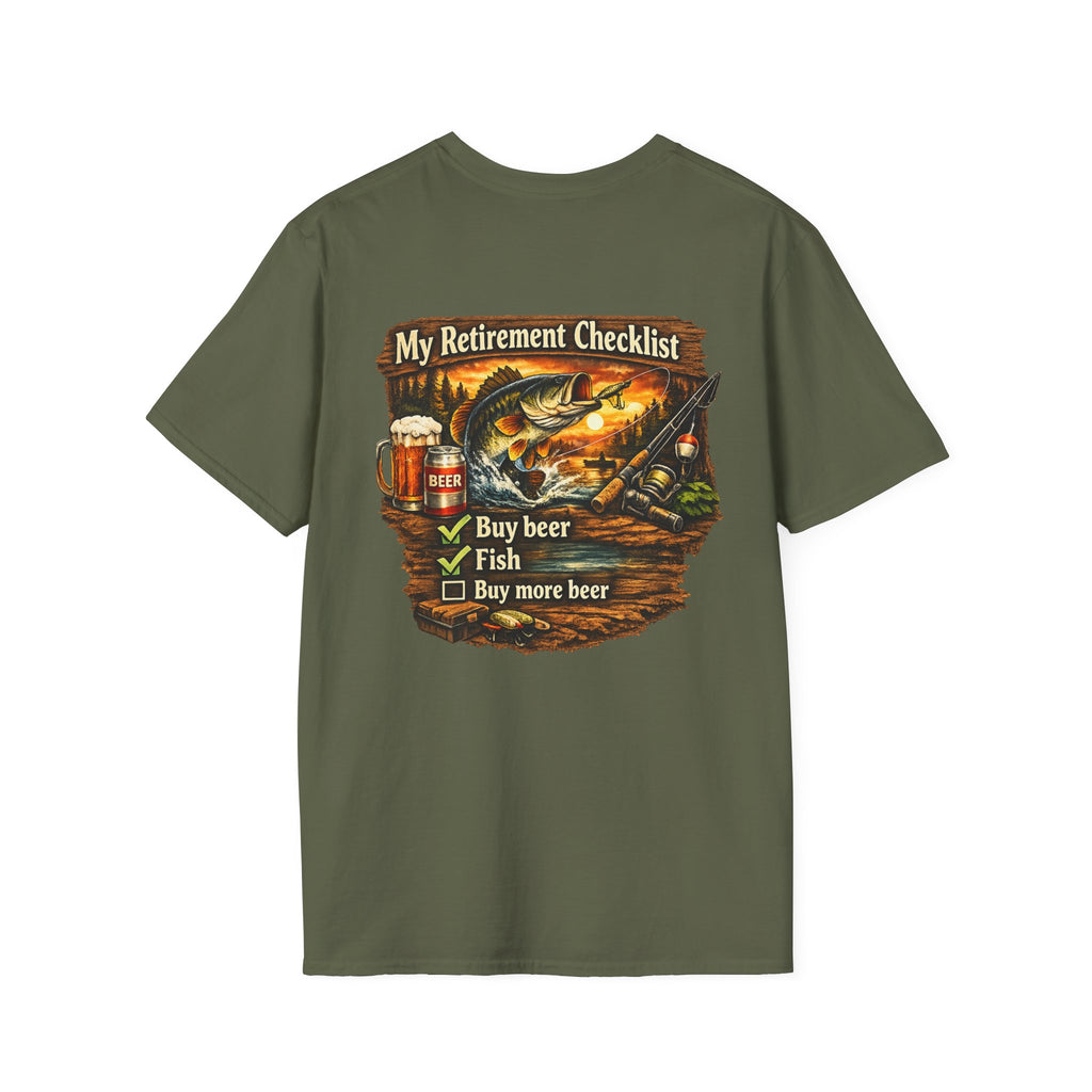 Retirement Checklist T-Shirt — "My Retirement Checklist: Buy beer, Fish, Buy more beer" Fishing & Beer Graphic Tee