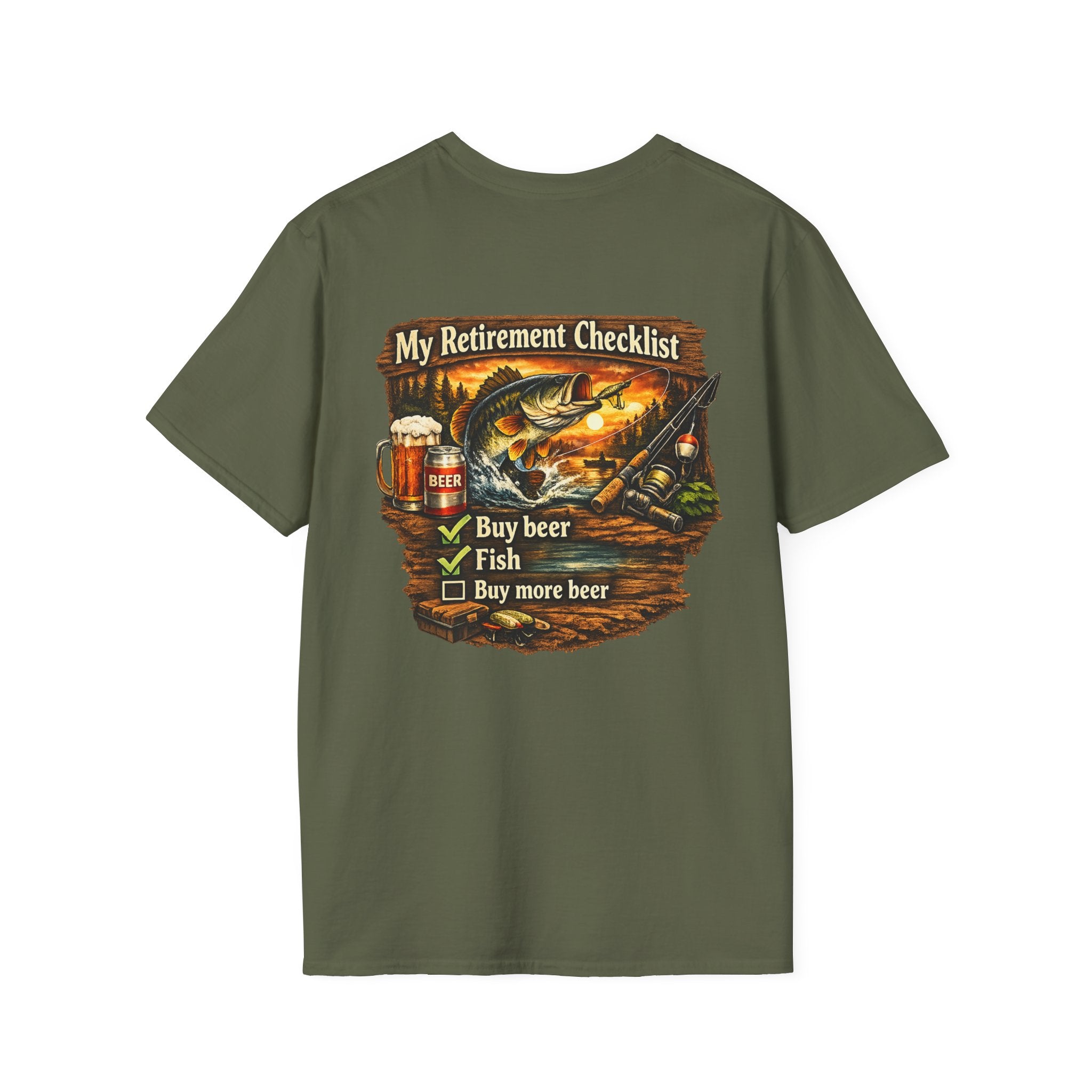 Retirement Checklist T-Shirt — "My Retirement Checklist: Buy beer, Fish, Buy more beer" Fishing & Beer Graphic Tee