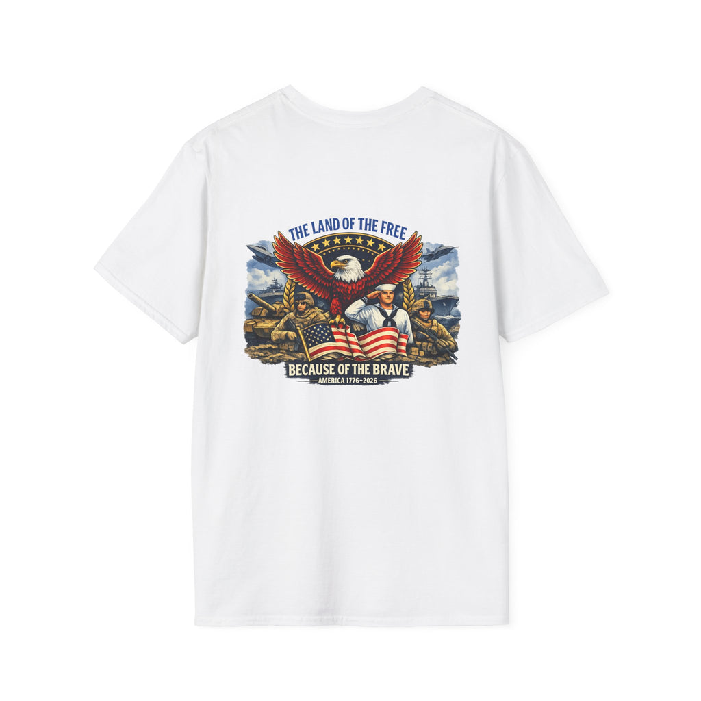 Patriotic T-Shirt — "The Land of the Free Because of the Brave" Eagle & Soldier Design