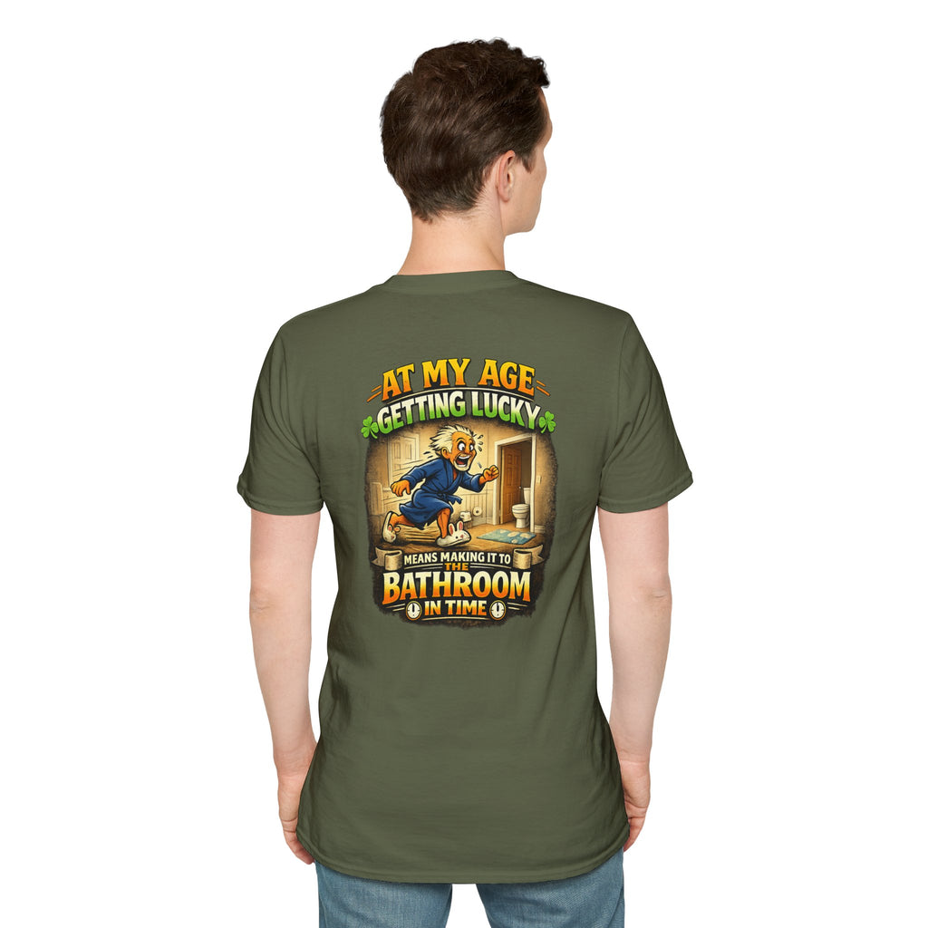 Funny Senior T-Shirt — “At My Age Getting Lucky Means Making It to the Bathroom in Time”
