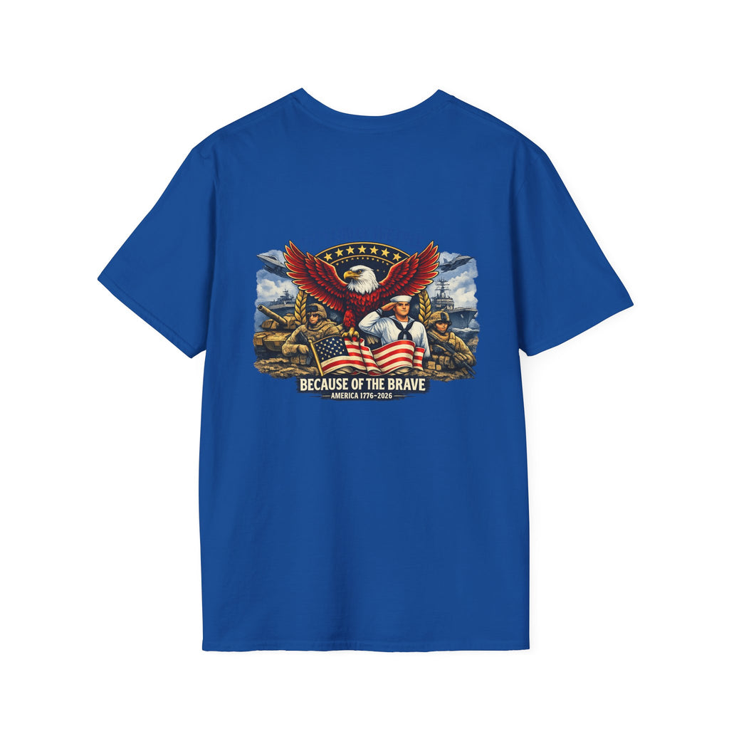 Patriotic T-Shirt — "The Land of the Free Because of the Brave" Eagle & Soldier Design