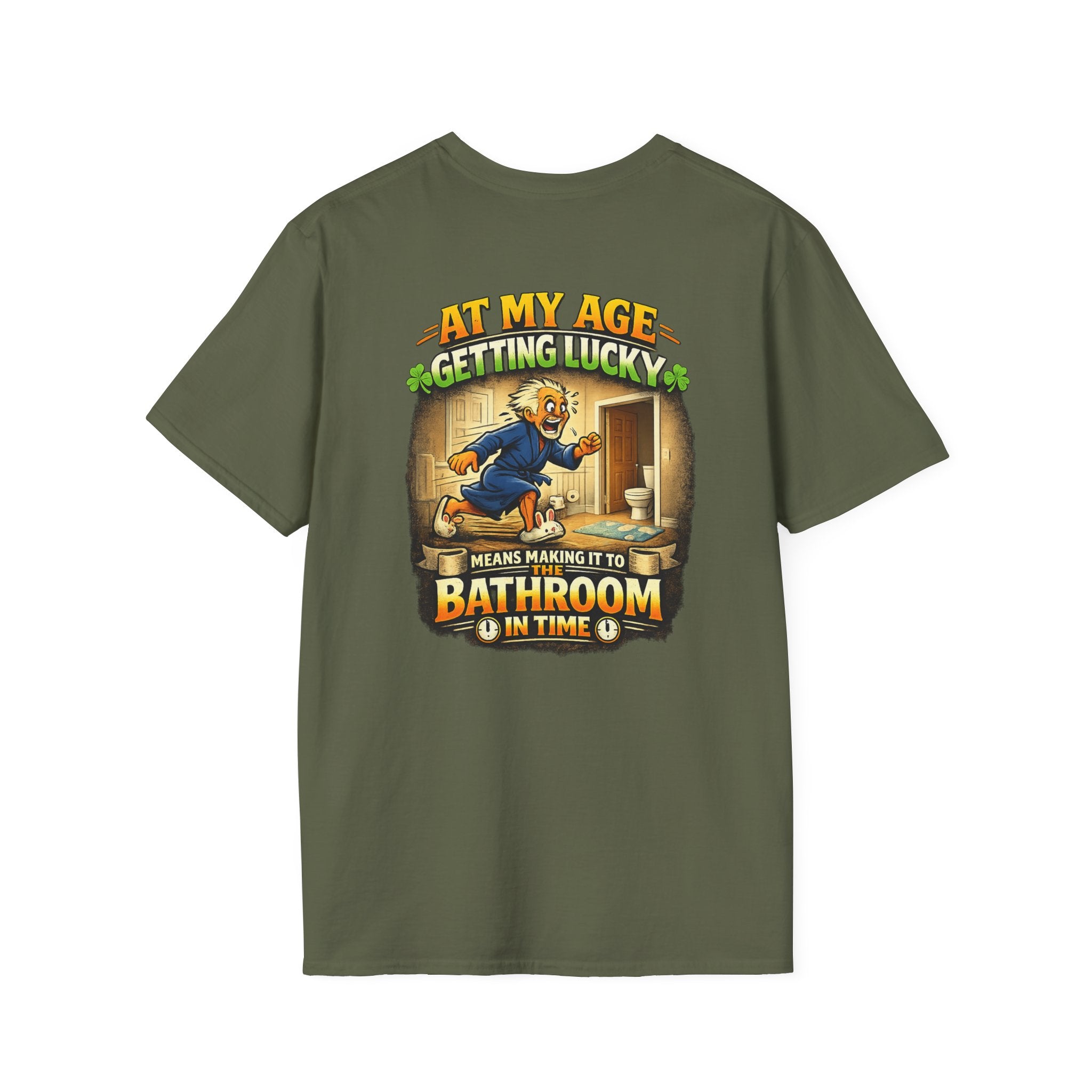 Funny Senior T-Shirt — “At My Age Getting Lucky Means Making It to the Bathroom in Time”
