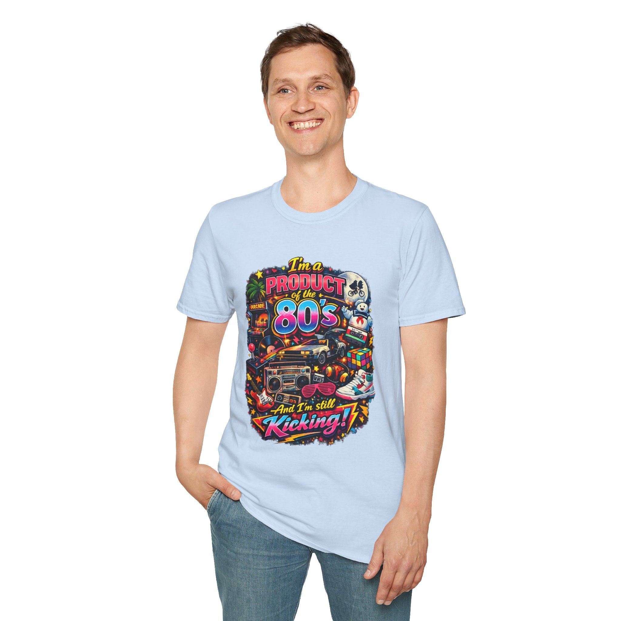 80s Retro Graphic T-Shirt — "I’m a Product of the 80s and I’m Still Kicking"