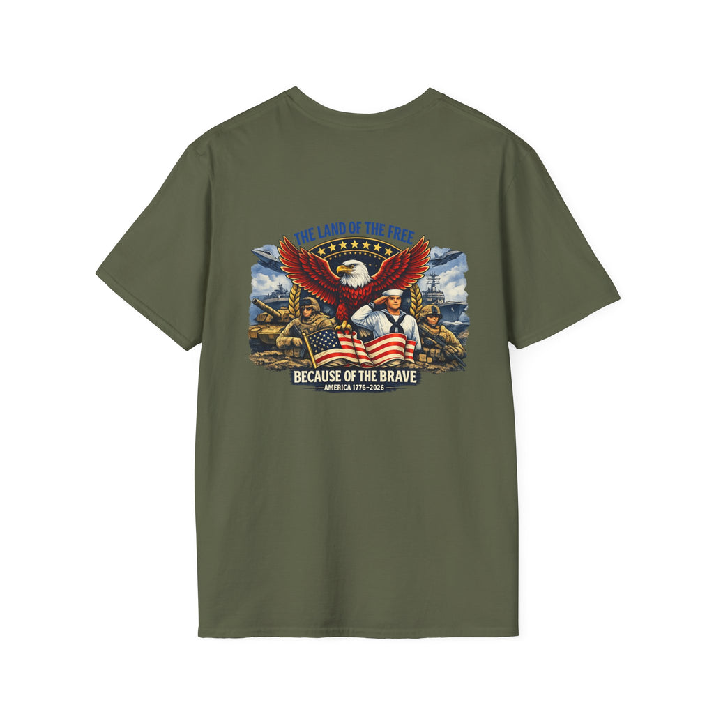 Patriotic T-Shirt — "The Land of the Free Because of the Brave" Eagle & Soldier Design