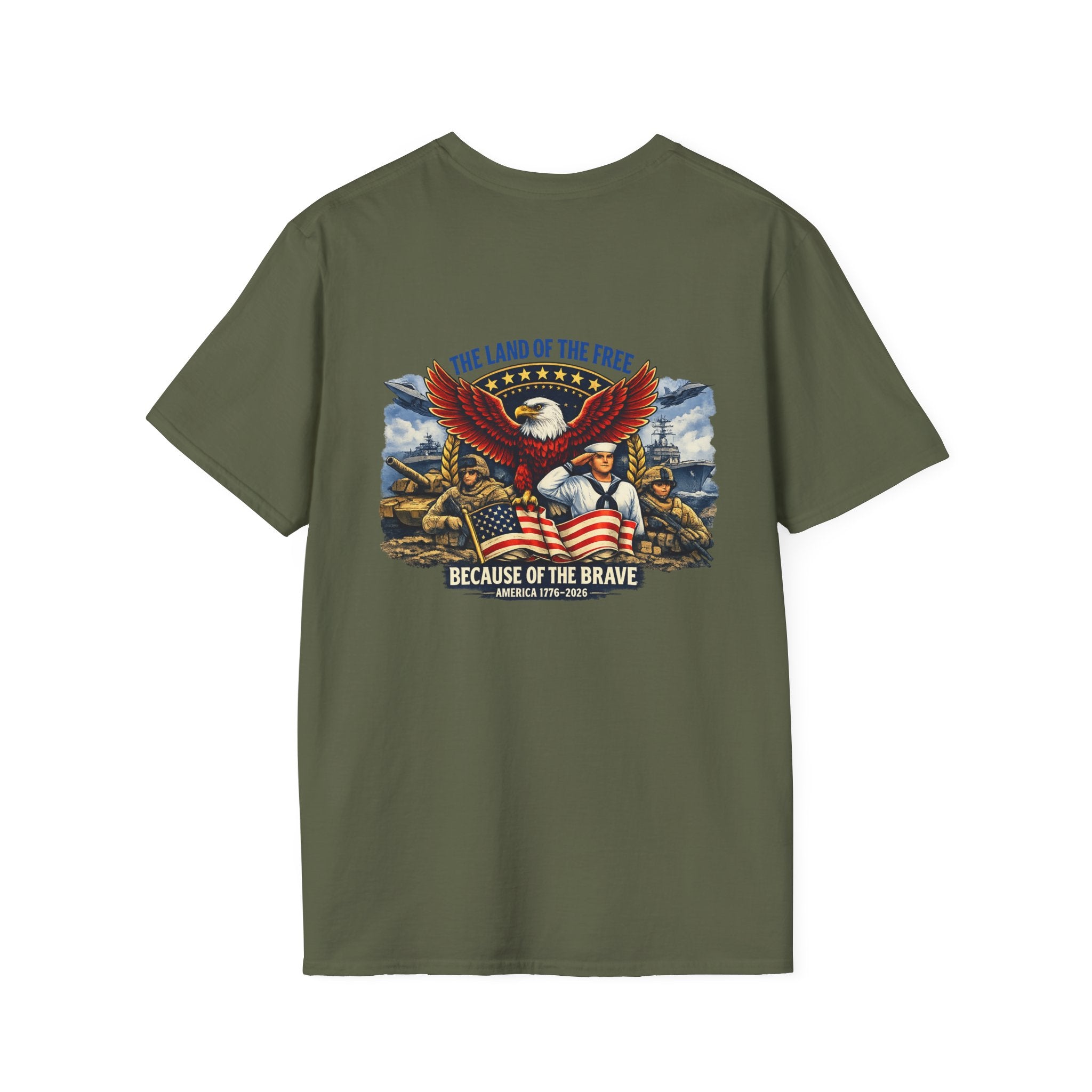 Patriotic T-Shirt — "The Land of the Free Because of the Brave" Eagle & Soldier Design