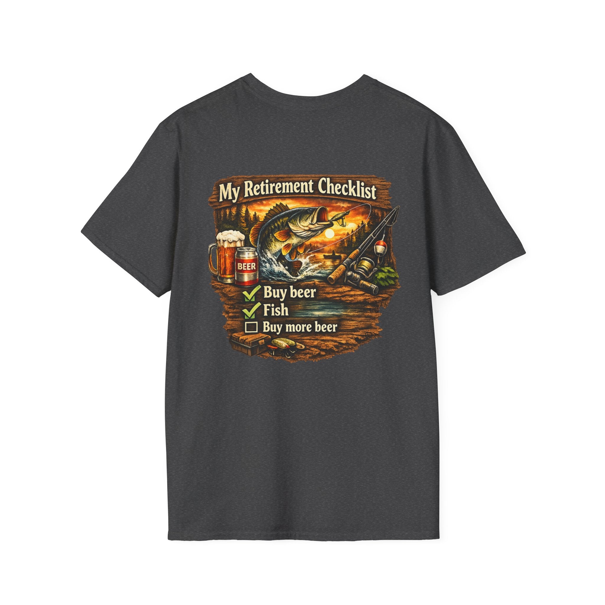 Retirement Checklist T-Shirt — "My Retirement Checklist: Buy beer, Fish, Buy more beer" Fishing & Beer Graphic Tee