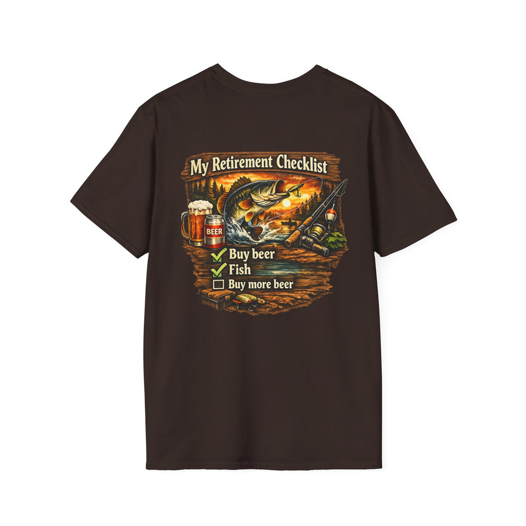 Retirement Checklist T-Shirt — "My Retirement Checklist: Buy beer, Fish, Buy more beer" Fishing & Beer Graphic Tee