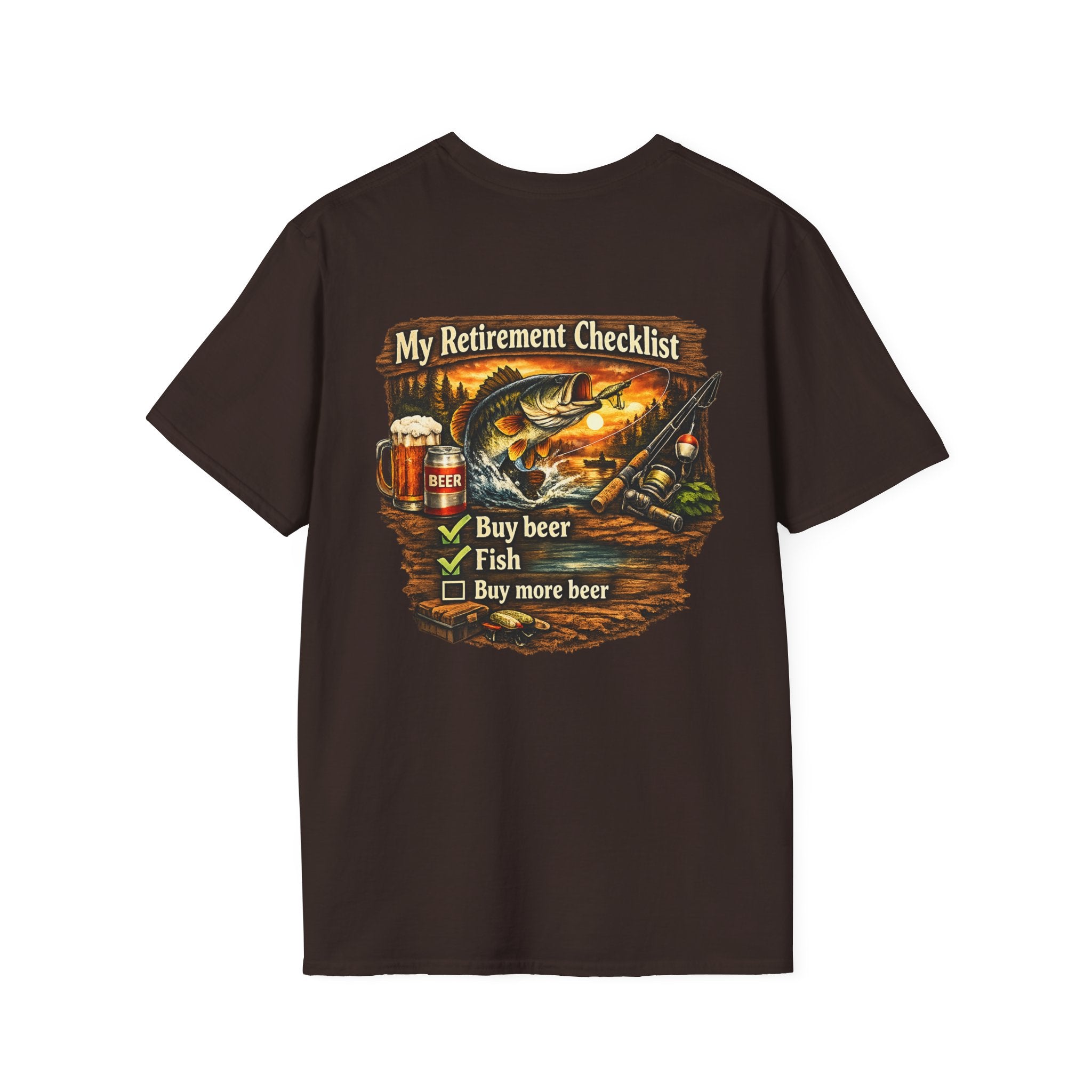 Retirement Checklist T-Shirt — "My Retirement Checklist: Buy beer, Fish, Buy more beer" Fishing & Beer Graphic Tee