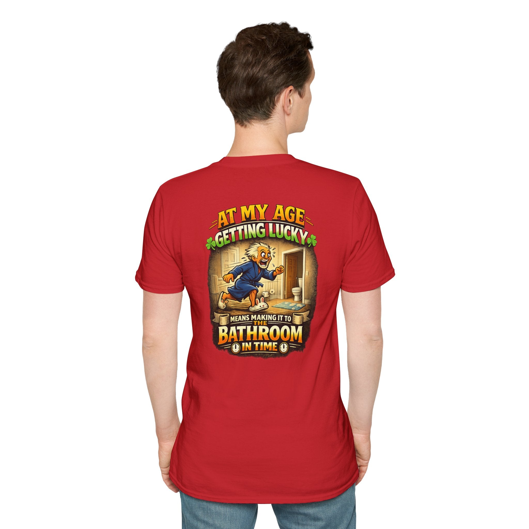 Funny Senior T-Shirt — “At My Age Getting Lucky Means Making It to the Bathroom in Time”